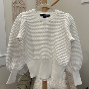 French Connection White Textured Puff Sleeve Cotton Sweater XS